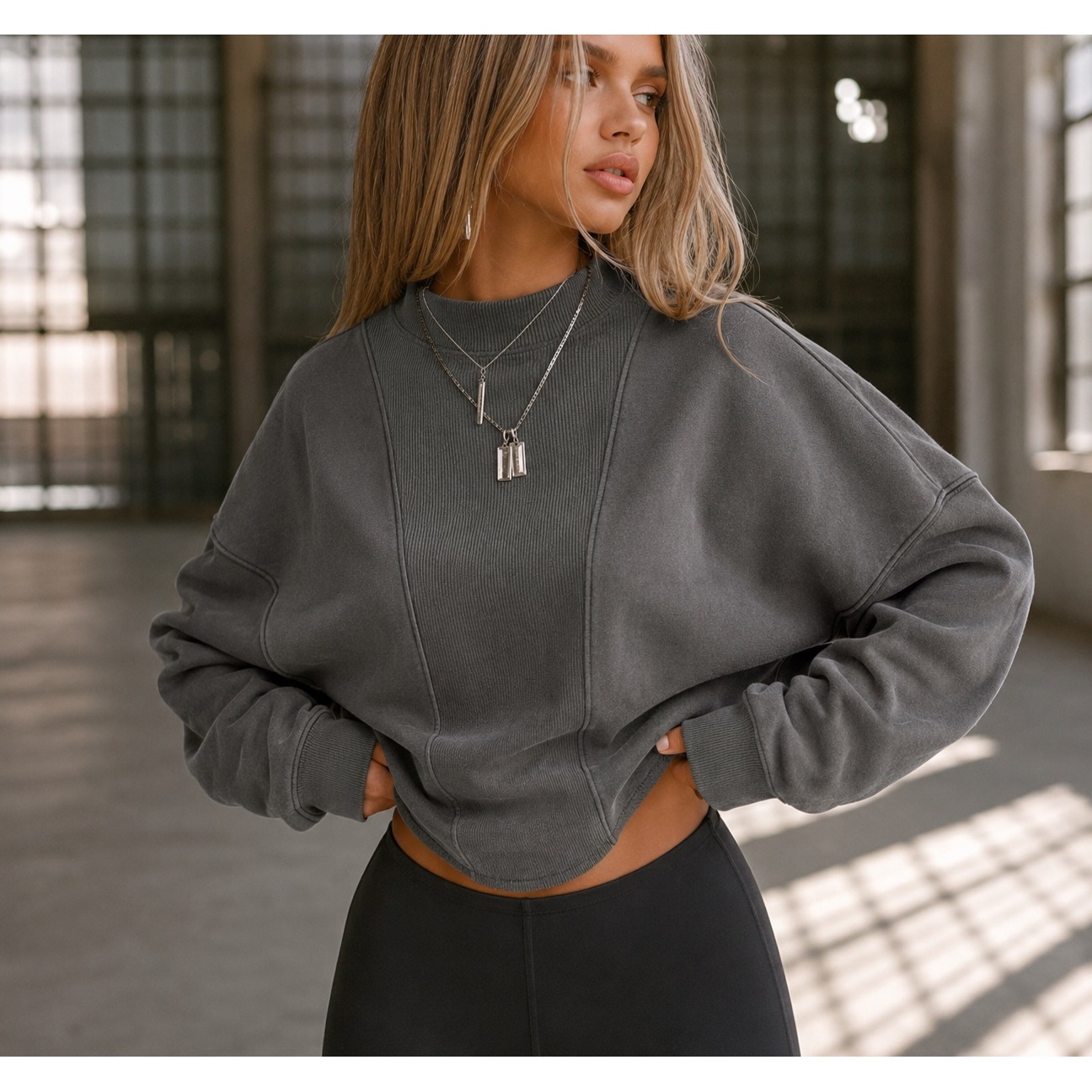 Joah Brown Gray Cropped Sweatshirt M/L Oversized Off Shoulder Zip Mock Neck Usa